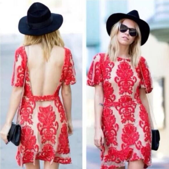 FOR LOVE AND LEMONS San Marcos Backless Mini Dress Red Lace Nude Mesh - Picture 6 of 8
